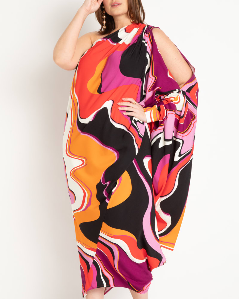 Front of a model wearing a size 26|28 One Shoulder Kaftan in Color Wave by ELOQUII. | dia_product_style_image_id:292805